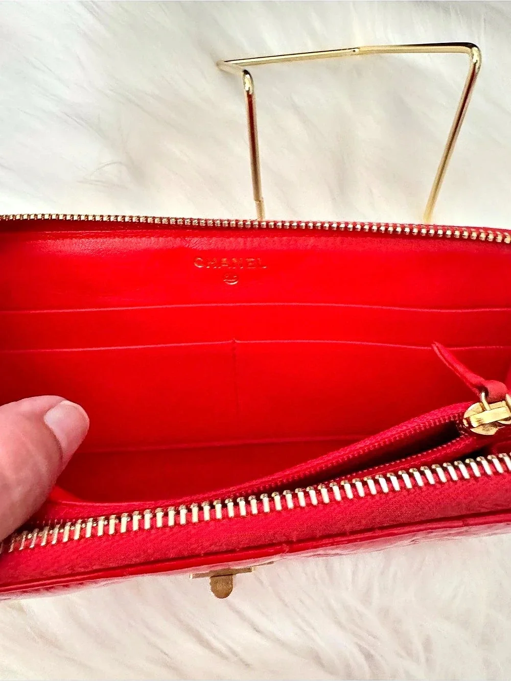 Chanel Red Puzzle Patent Leather Long Zip Around Wallet with Gold-Tone Hardware